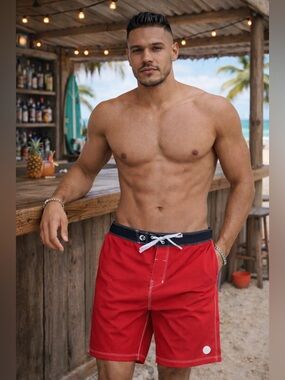 ethika Red Swim Boardshorts with Black Waistband